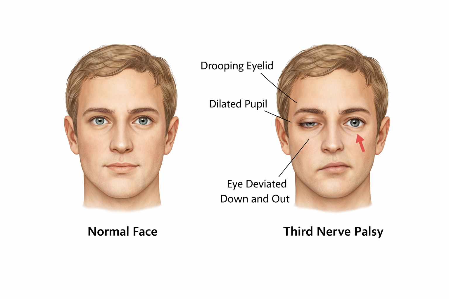 Medical illustration comparing a normal face to third nerve palsy showing a drooping eyelid, dilated pupil, and the affected eye deviated downward and outward in the classic down-and-out position
