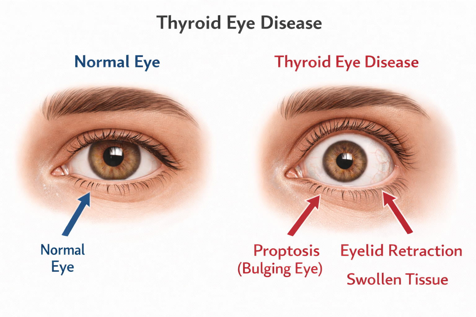 Side-by-side comparison of a normal eye and thyroid eye disease showing proptosis, eyelid retraction, and swollen tissue behind the eye