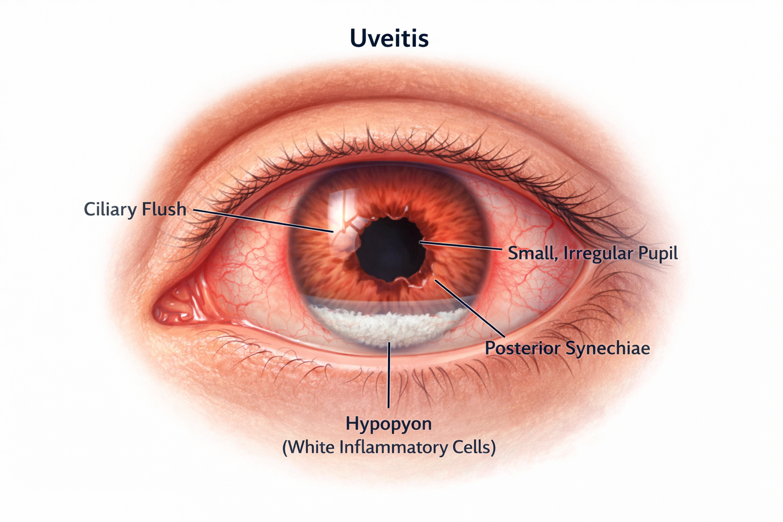 Medical illustration of uveitis showing an eye with ciliary flush redness around the iris, a small irregular pupil with posterior synechiae, and a hypopyon layer of white inflammatory cells at the bottom of the anterior chamber