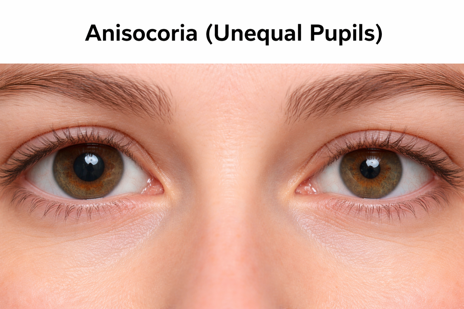 Close-up photo showing anisocoria — one pupil noticeably larger than the other