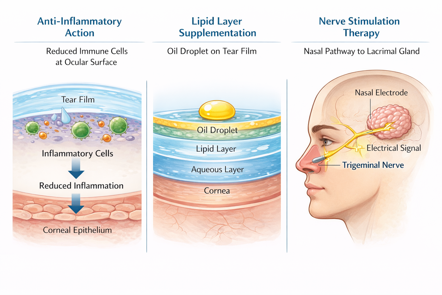 Three-panel diagram showing dry eye treatment mechanisms: anti-inflammatory action reducing immune cells at the ocular surface, lipid layer supplementation with oil droplet on tear film, and nerve stimulation therapy from nasal pathway to lacrimal gland