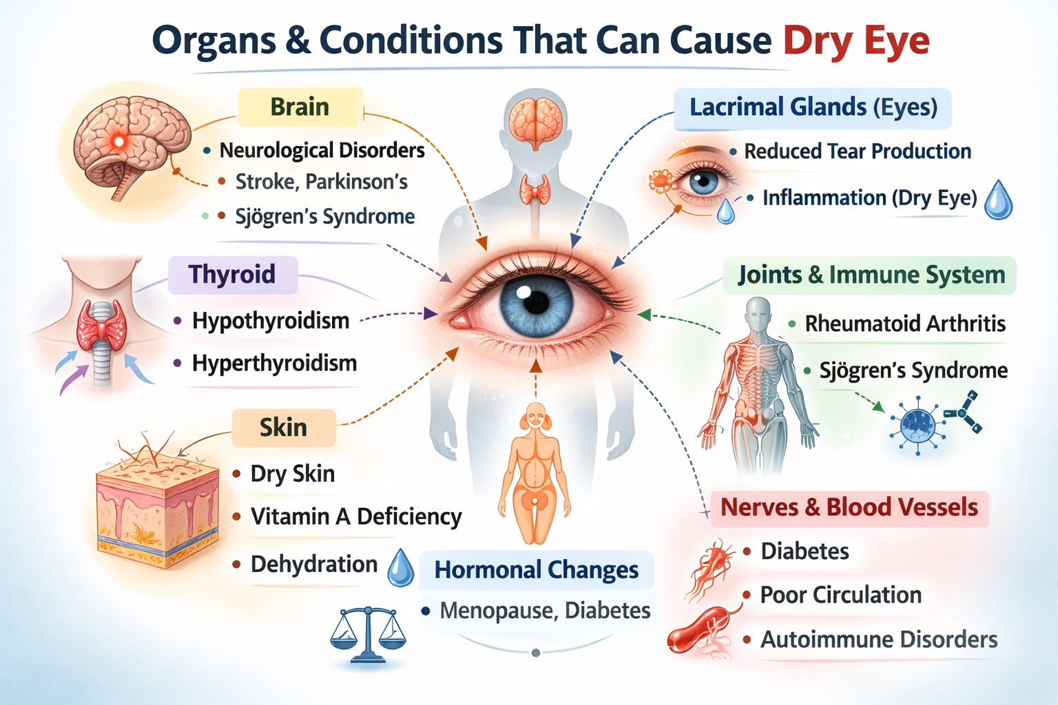 Infographic showing organs and conditions that cause dry eye — brain, thyroid, lacrimal glands, joints and immune system, skin, hormonal changes, and nerves and blood vessels — all connected to a central eye