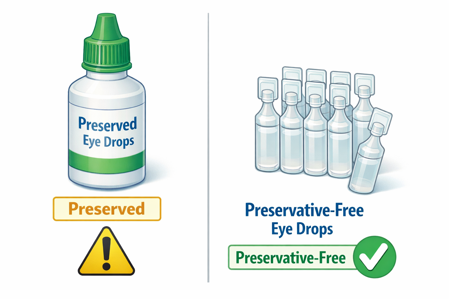 Side-by-side comparison of a multi-use preserved eye drop bottle with a caution icon versus single-use preservative-free vials with a checkmark
