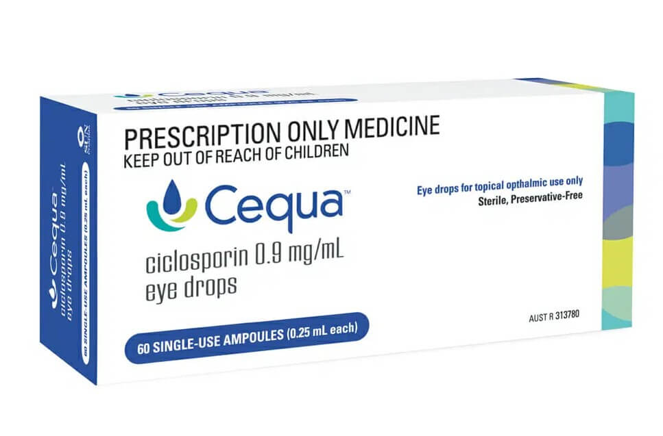 Cequa cyclosporine 0.9mg/mL single-use ampoules packaging for dry eye treatment