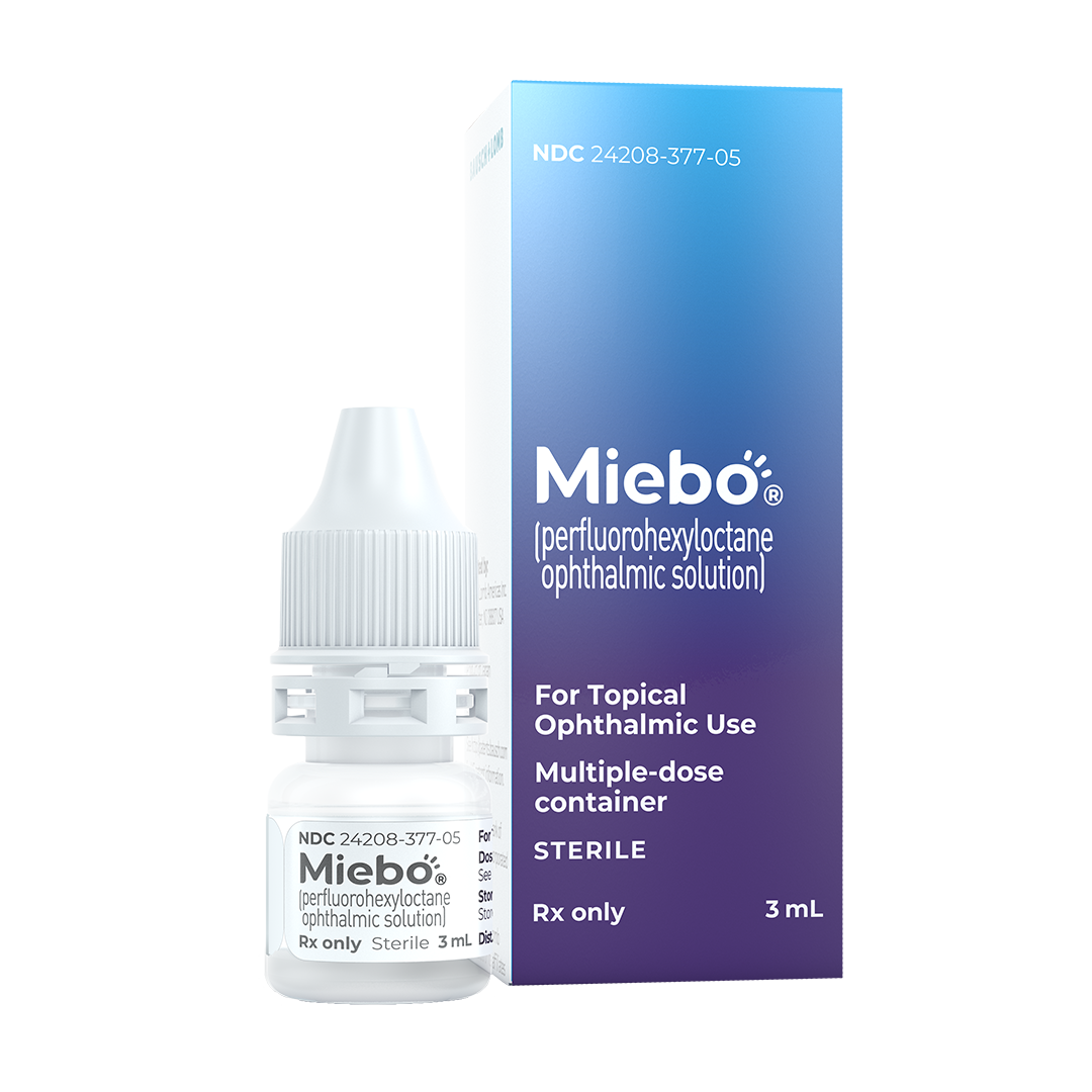 Miebo perfluorohexyloctane ophthalmic solution eye drop bottle and packaging for evaporative dry eye treatment