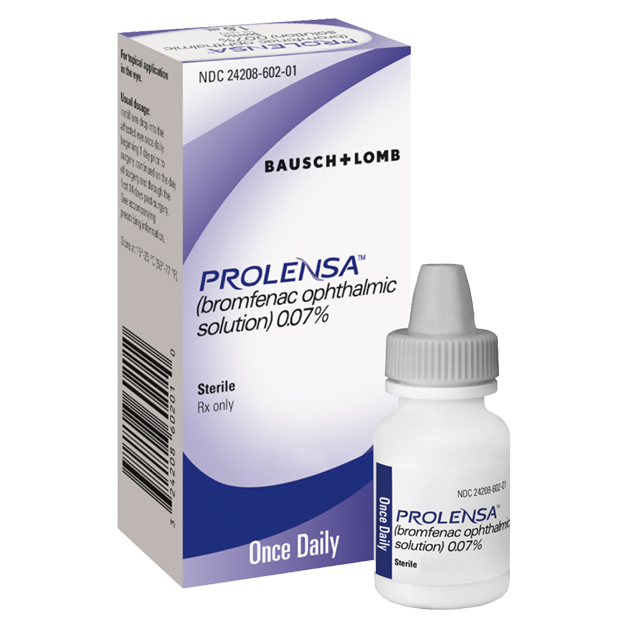 Prolensa bromfenac ophthalmic solution 0.07% once daily eye drop bottle and packaging for post-cataract surgery inflammation