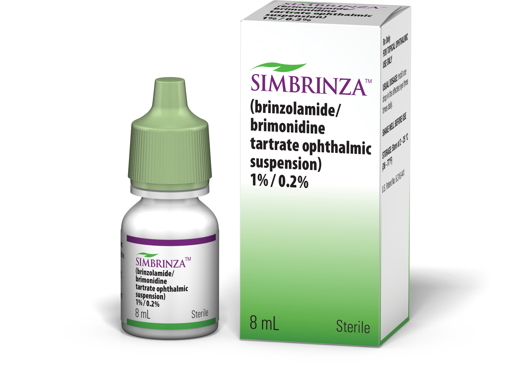 Simbrinza brinzolamide and brimonidine combination eye drop bottle and packaging for glaucoma treatment