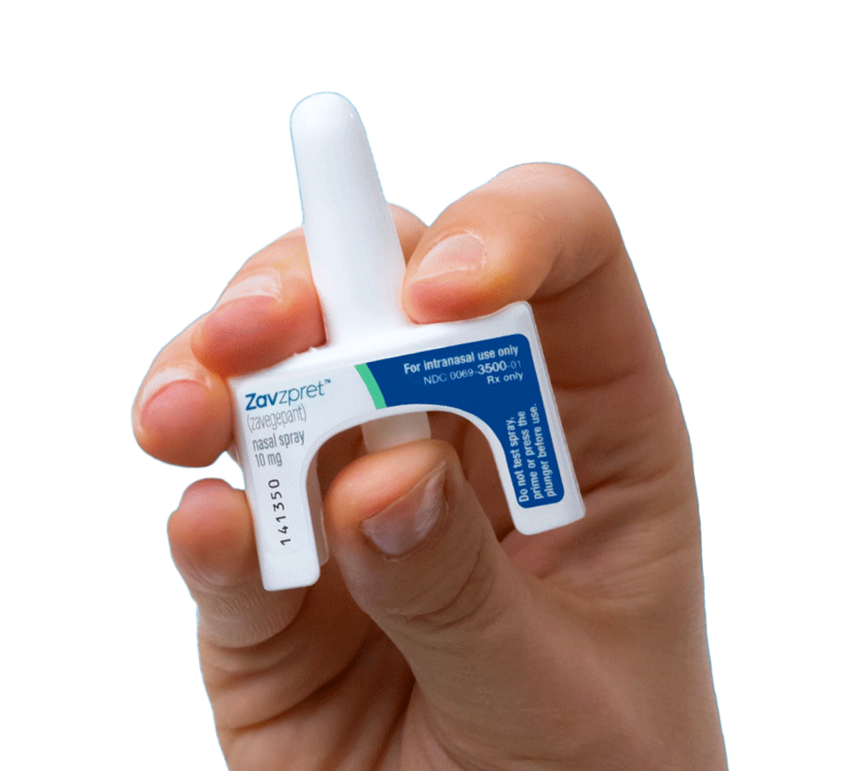 Zavzpret zavegepant nasal spray device held in hand showing single-dose intranasal applicator for acute migraine treatment