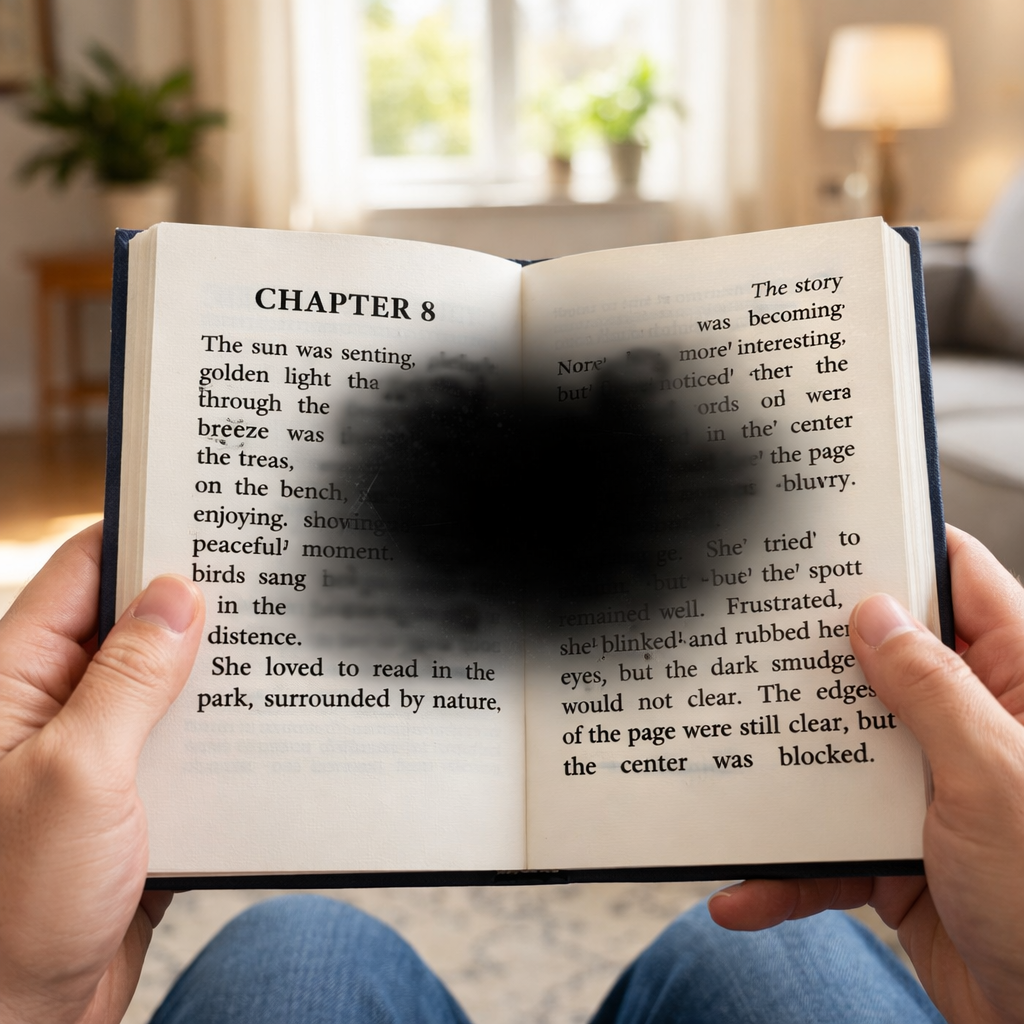 Simulation of central vision loss showing dark scotomas obscuring the center of a book page while peripheral edges remain clear — illustrating how macular degeneration and central scotoma affect reading
