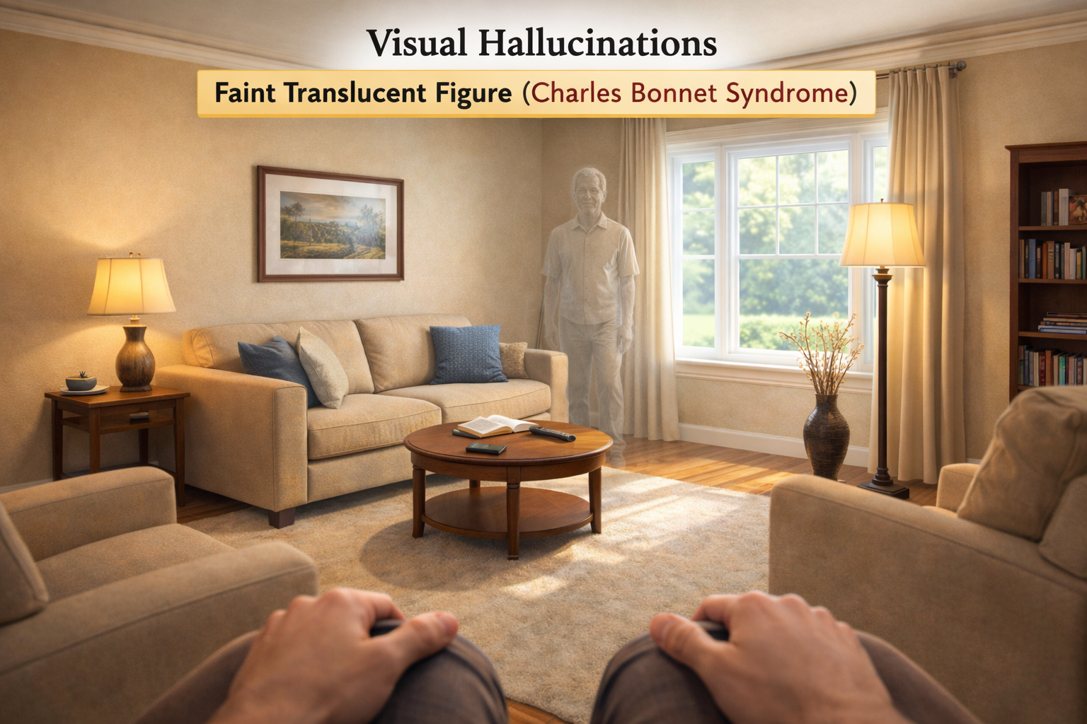 Simulation of a Charles Bonnet syndrome visual hallucination showing a faint translucent figure of a man standing in a living room as seen from the perspective of an elderly person sitting in a chair — illustrating how patients with vision loss may see vivid but unreal images that are not caused by psychiatric illness