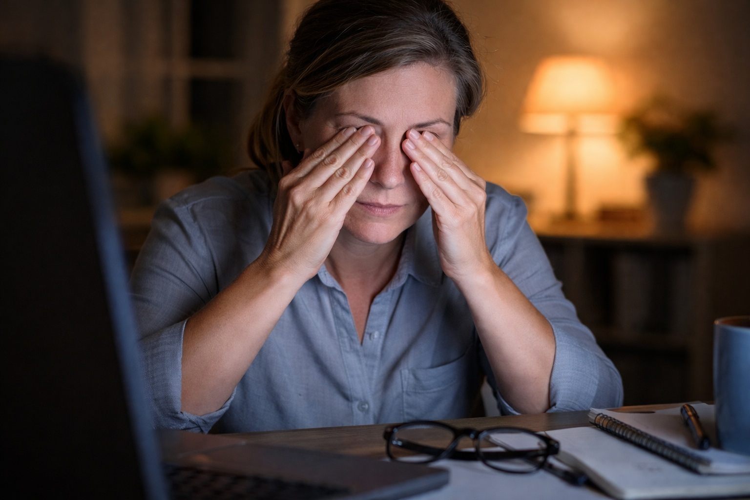 Woman sitting at a computer late at night rubbing both eyes with her fingertips, with glasses resting on the desk — illustrating digital eye strain and computer vision syndrome from prolonged screen use