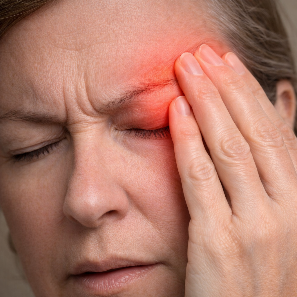 Woman with eyes closed pressing her hand against her eye and temple area with a red glow indicating severe periorbital eye pain — illustrating the appearance of acute eye pain from conditions such as acute glaucoma, optic neuritis, or orbital inflammation