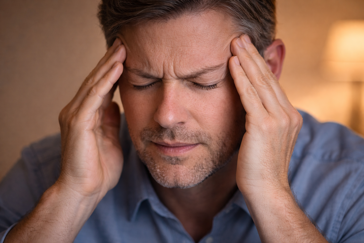 Man with eyes closed pressing both hands against his temples with a pained expression — illustrating severe bilateral headache or migraine, a common symptom with neuro-ophthalmologic causes including increased intracranial pressure and visual disturbances