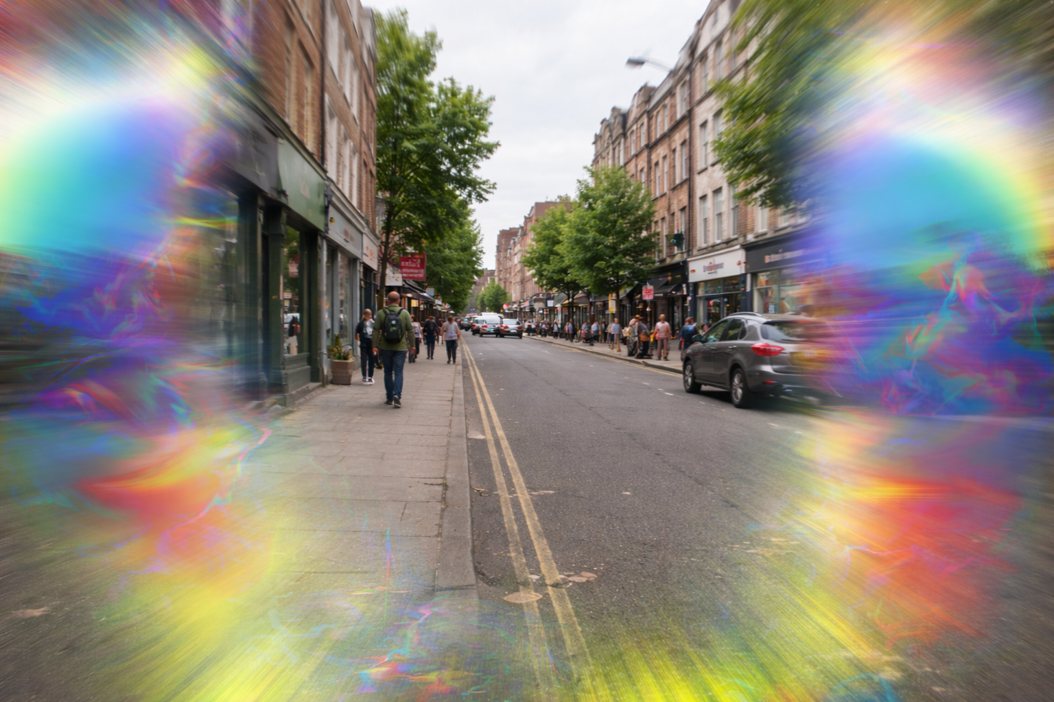 Simulation of migraine visual aura showing shimmering colorful distortions in peripheral vision