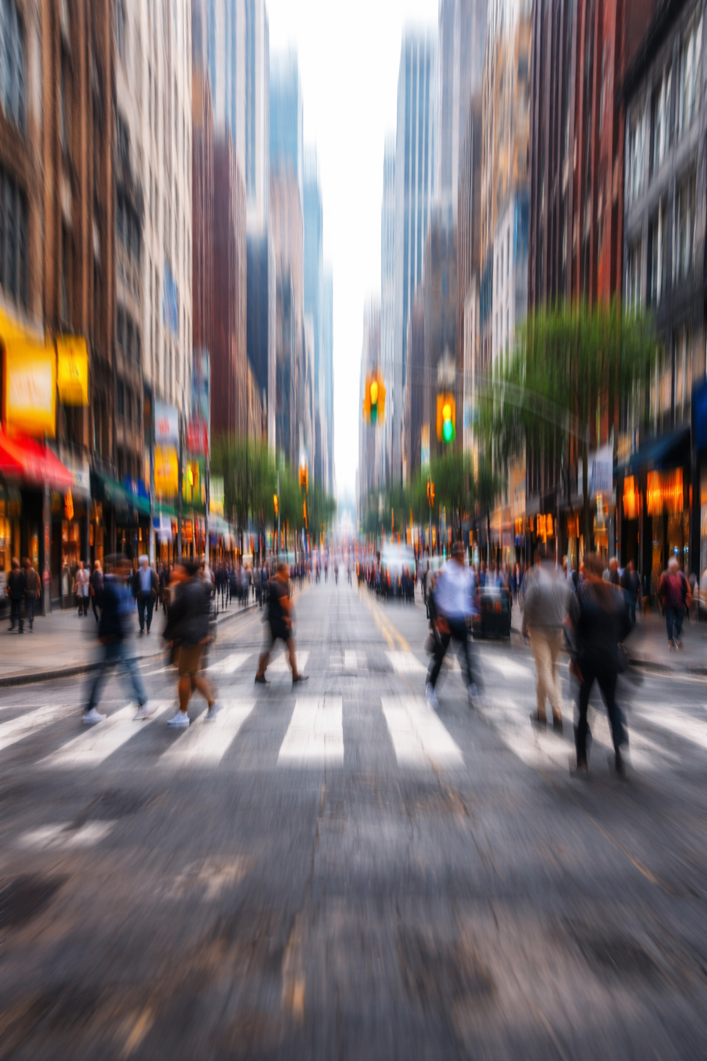 Simulation of oscillopsia showing a busy city street crosswalk with radial motion blur — illustrating how the world appears to shake, bounce, or oscillate continuously for people with vestibular or cerebellar disorders