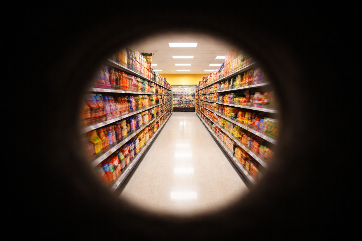 Simulation of peripheral vision loss showing a grocery store aisle viewed through a narrow circular opening surrounded by complete darkness — illustrating tunnel vision caused by conditions such as glaucoma, retinitis pigmentosa, or optic nerve damage