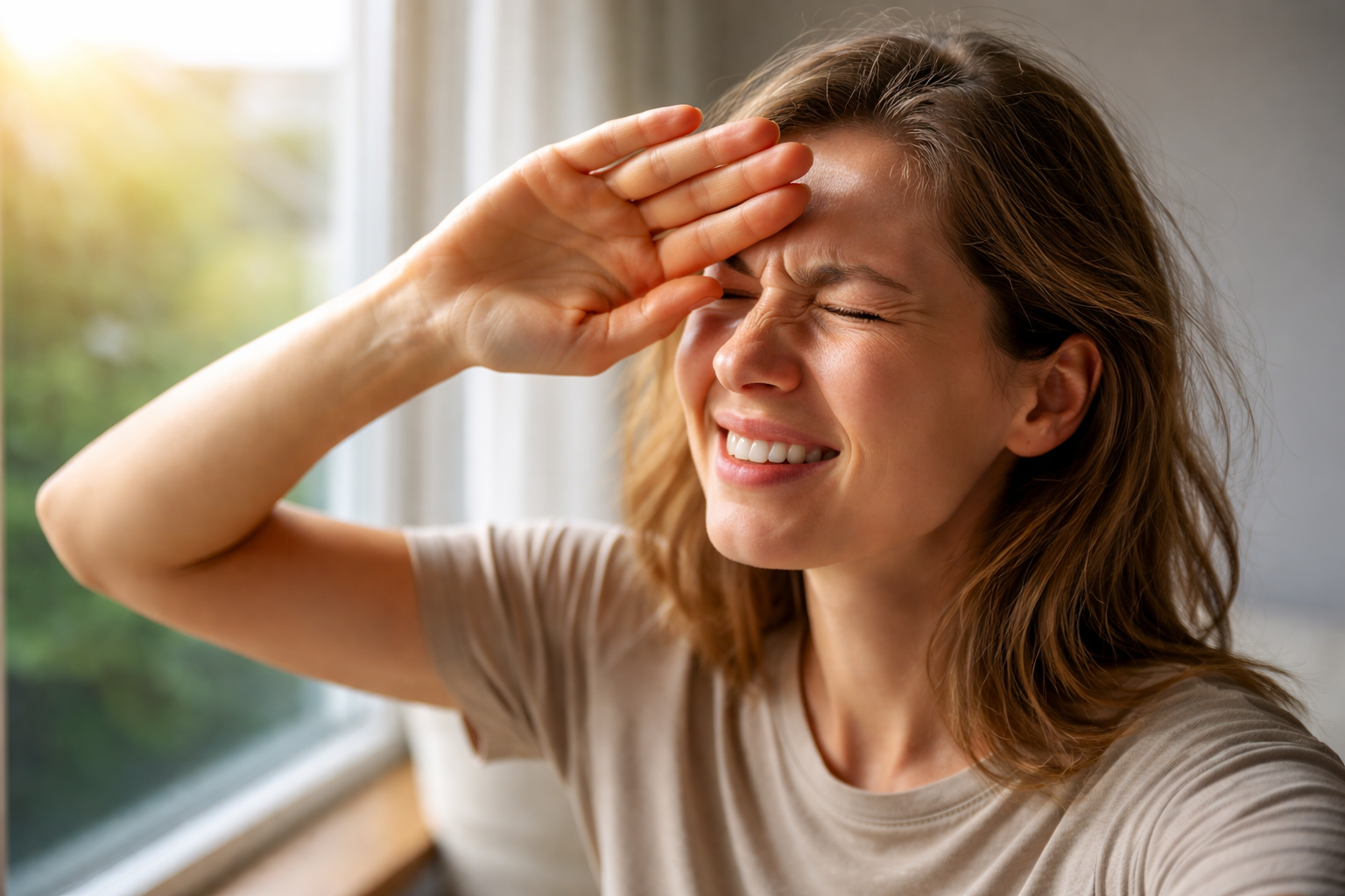 Woman squinting and raising her hand to shield her eyes from bright sunlight streaming through a window — illustrating photophobia or light sensitivity, a common symptom of migraines, uveitis, and dry eye