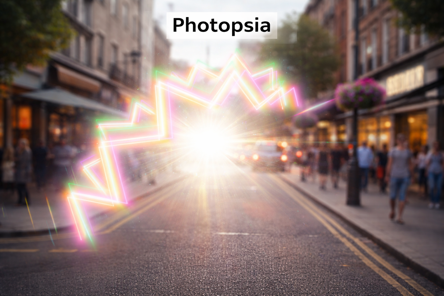Simulation of photopsia showing bright flashes and zigzag light patterns in vision