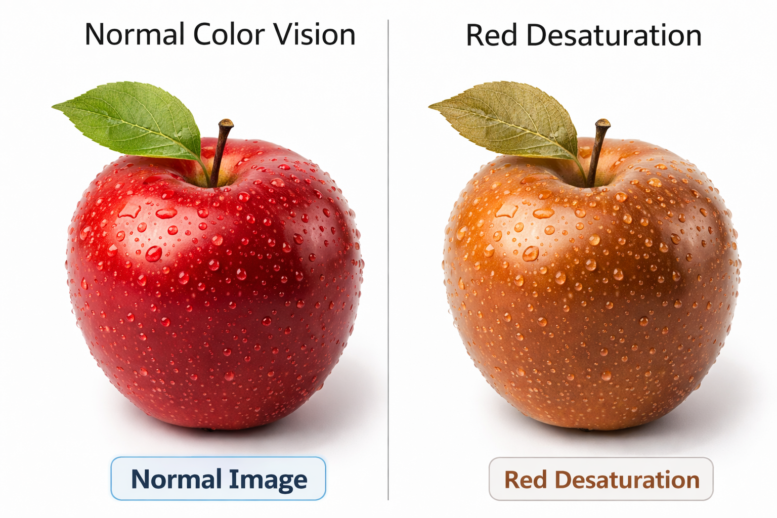 Side-by-side comparison showing normal red color vision versus red desaturation — a vivid red apple on the left appears washed-out orange-brown on the right, illustrating how optic nerve disease affects color perception