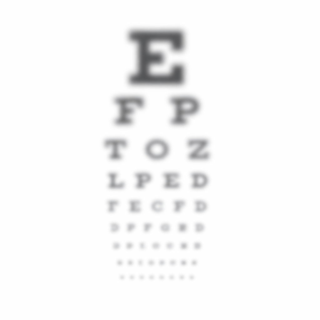 Blurry Snellen eye chart showing how letters on a standard vision test appear out of focus — a simulation of what blurred vision looks like