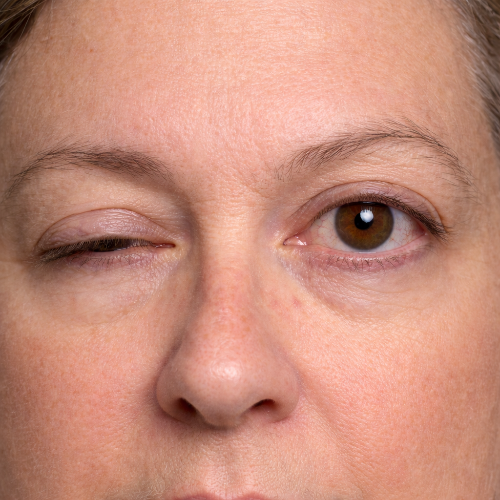 Close-up of a person with severe unilateral ptosis showing the left upper eyelid drooping almost completely shut, compared to the normal open right eye — a clinical example of acquired ptosis