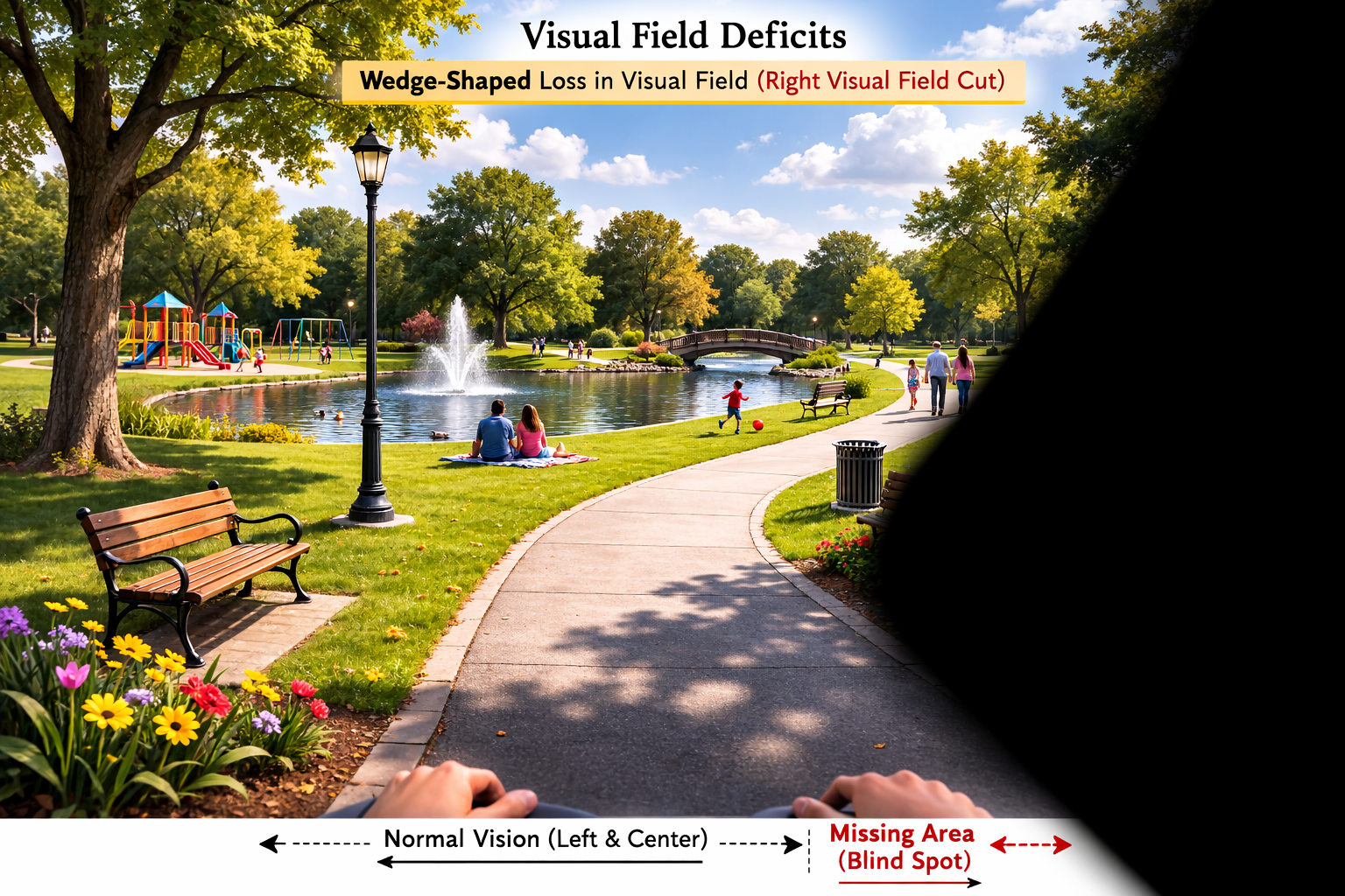 Simulation of a visual field deficit showing a wedge-shaped blind spot obscuring the right side of a park scene — the left and center vision remain normal while the right visual field is blacked out, illustrating how a right visual field cut from stroke or brain lesion appears in everyday life